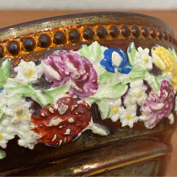 19th Century British Hand Enamelled Relief Molded Floral Band Copper Luster Bowl - Picture 12 of 13